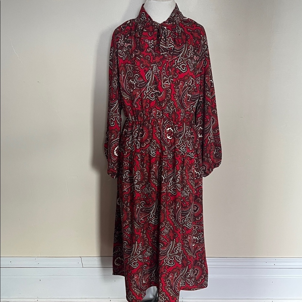 NWT LOFT Outlet Red Paisley Bow Neck Tiered Dress - Large & Large Petite